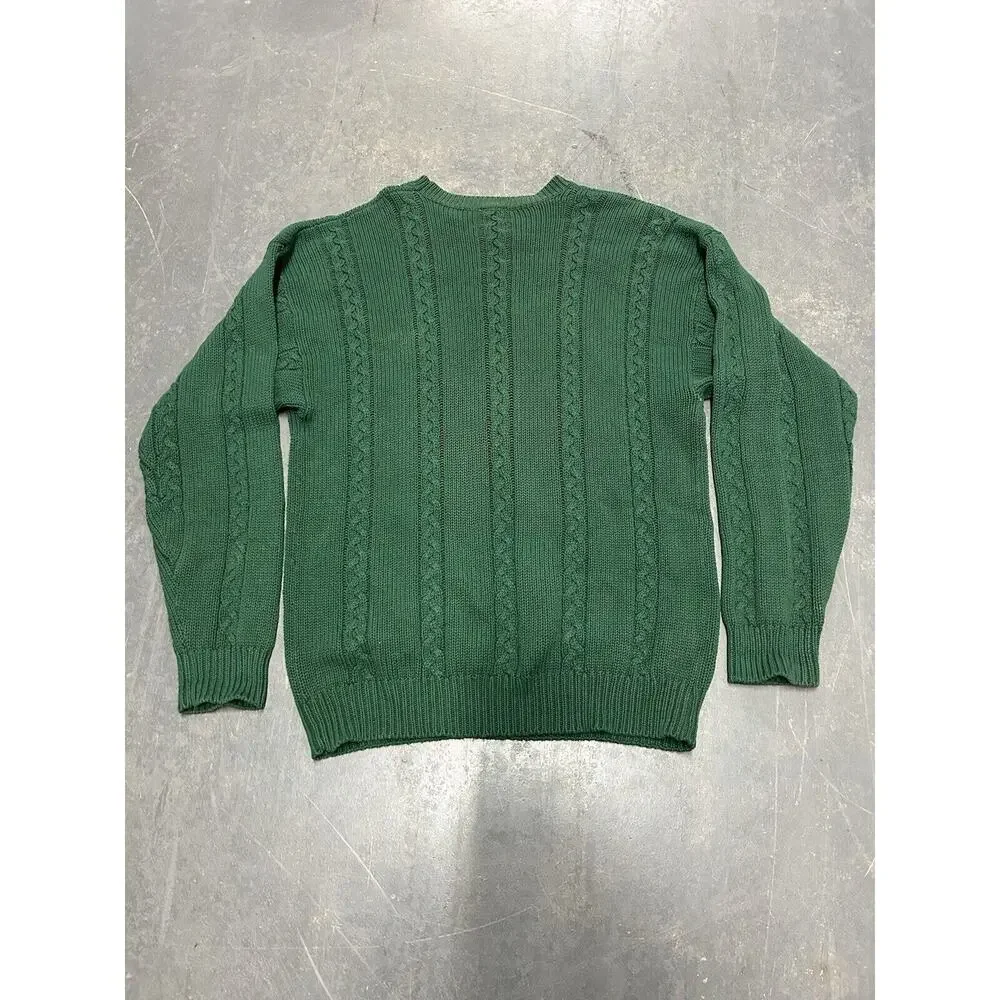 Cable Knit Christmas Sweater Forest Green Geometric Checked Crew Neck Mens Large